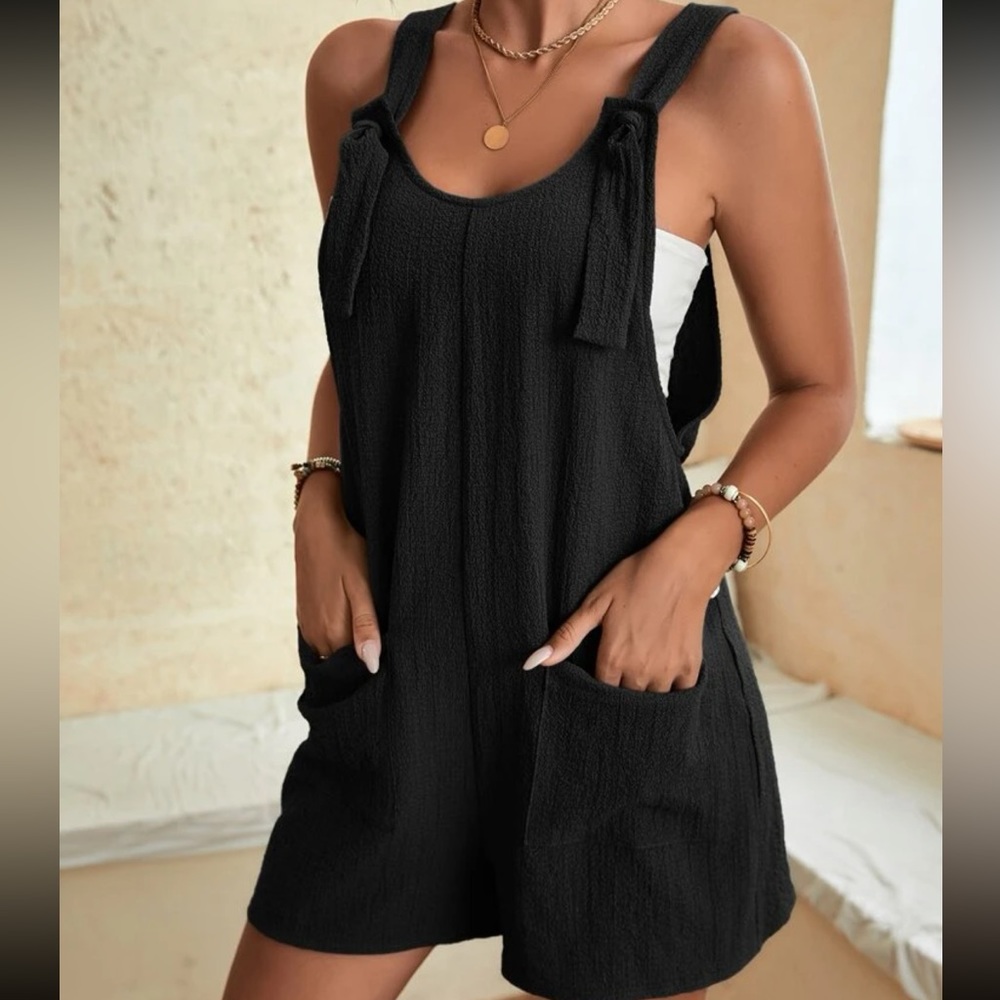 Shein EMERY ROSE Knot Front Pocket Patched Overall Romper